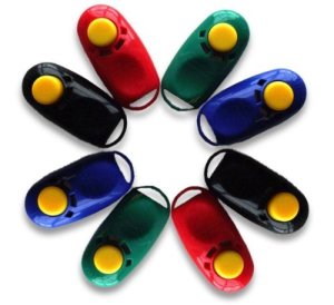 Circle of red, geen, blue, and black i-Clicks. These are oval-shaped clickers with a yellow button sticking out at one end, and a thin molded plastic loop at the other end. There is an indentation below the button to rest your thumb between clicks.