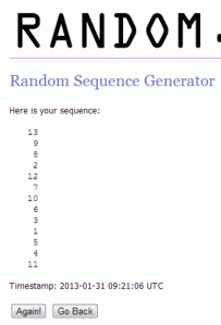 At the top, in large letters, it says RANDOM.org. Below that in purple is "Random Sequence Generator." Below that it says, "Here is your sequence," and below that is a column of numbers in this order: 13, 9, 8, 2, 12, 7, 10, 6, 3, 1, 5, 4, 11. Below that it says, "Timestamp: 2013-01031 09:21:06 UTC"